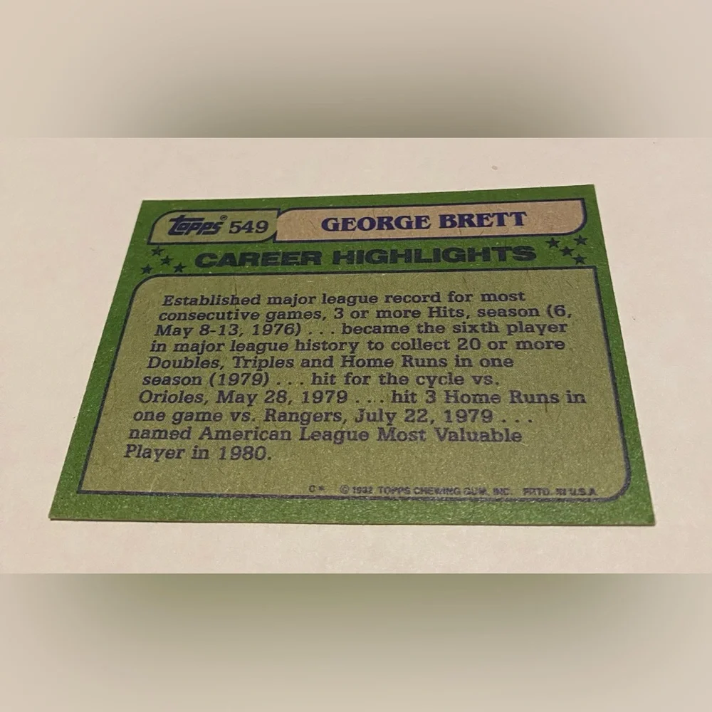 George Brett 1982 Topps All Star Baseball Card # 549 Kansas City Royals Vintage